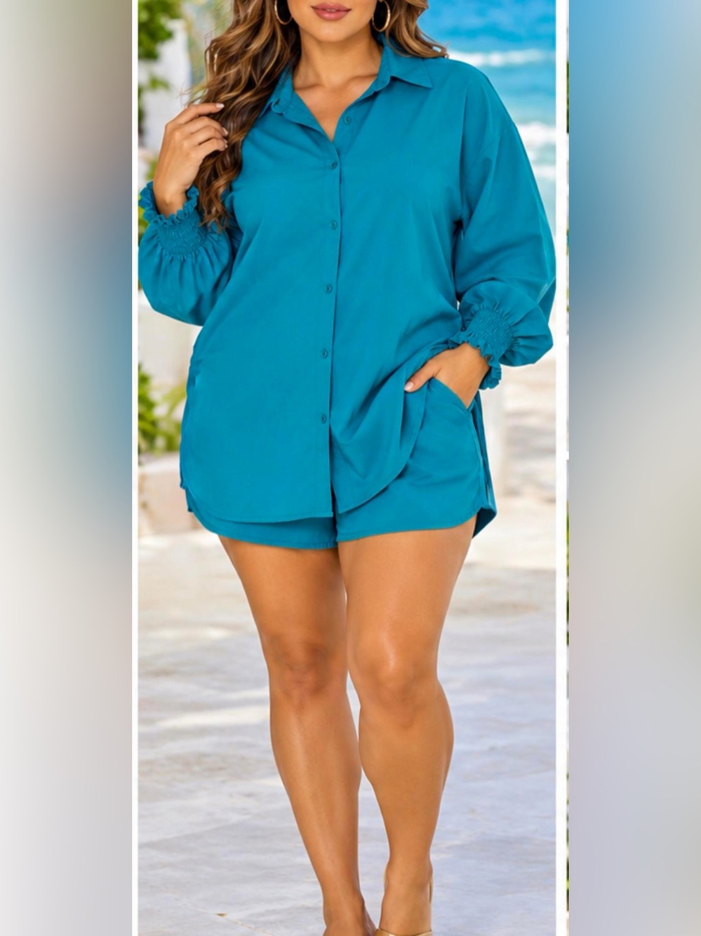 Women’s Teal Button-Up Shirt and Shorts Set XL (New without tag) see details.
